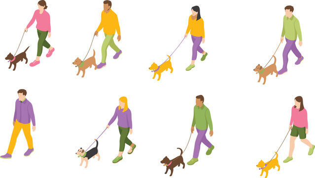 Isometric illustration set showing diverse people walking dogs on leashes, outdoor pet walking activity, characters strolling with pets in various poses