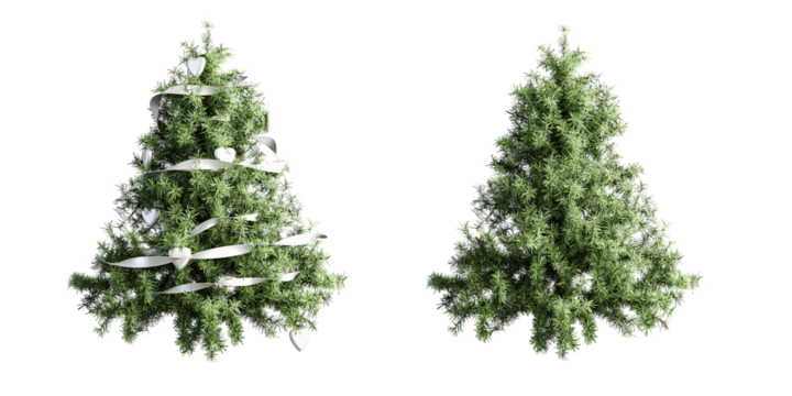 3d render Set of Two Christmas Trees: Decorated with White Ribbons and Undecorated, Isolated on White
