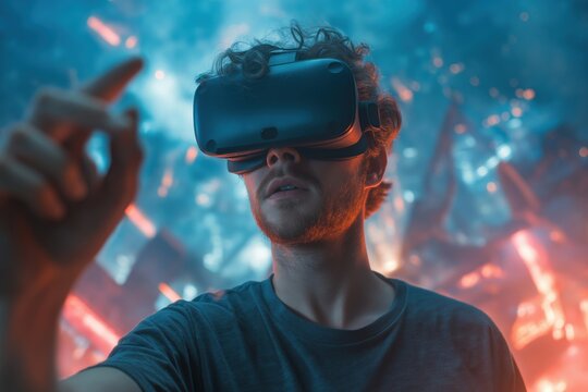 Immersive VR experience with dynamic visuals, young man exploring digital world with virtual reality headset in futuristic setting, technology and gaming concepts