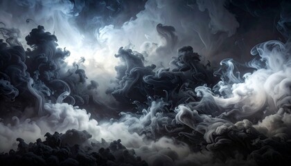 Surreal Storm Cloudscape with Swirling Dark Gray and White Clouds Illuminated from Above