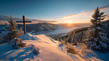A solitary wooden cross on a snowy hill during golden hour, a Christian symbol of faith in nature, a beautiful winter mountain landscape at sunset, a religious background for Easter.