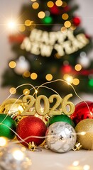 Christmas ornaments with happy new year sign and blurred tree background