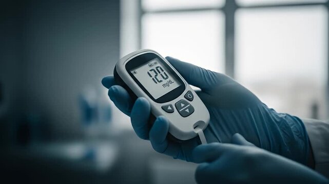 Doctor holding a glucometer to measure blood sugar levels.