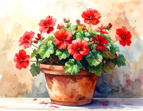 Watercolor painting of a potted red geranium plant against a warm, blurred background