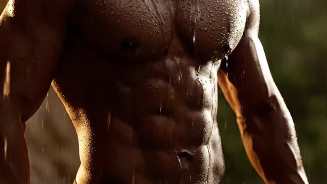 Close-up of a Muscular Male Torso Under Water Droplets with Dramatic Lighting and Soft Bokeh Background Highlighting Definition and Sweat