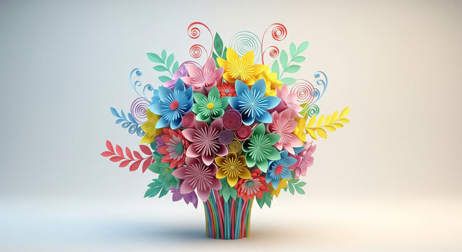 Abstract 3D Paper Flowers Floating In Minimalist White Background. Wall Mural. floral landscapes