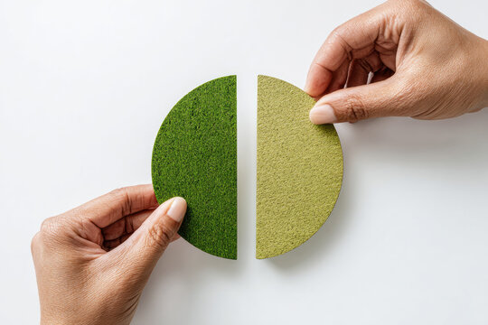 Circular economy concept with two hands holding green circular pieces symbolizing sustainable business and environmental responsibility in modern eco friendly approach