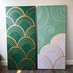 Obraz premium Elegant art deco green and gold geometric fan pattern artwork
