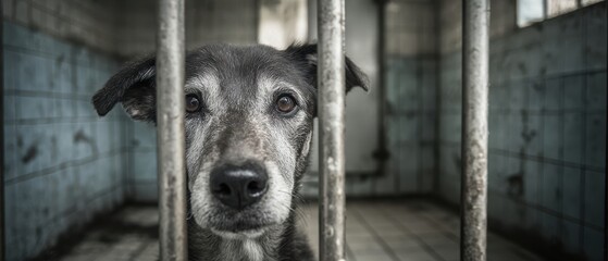 The dog behind metal bars in a dim abandoned shelter, conveying sadness and longing