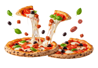 macro close-up of two hot italian sausage pizzas with charred crusts on transparent. mozzarella stretching dramatically, ingredients mid-explosion, cinematic lighting, frozen motion. concept for