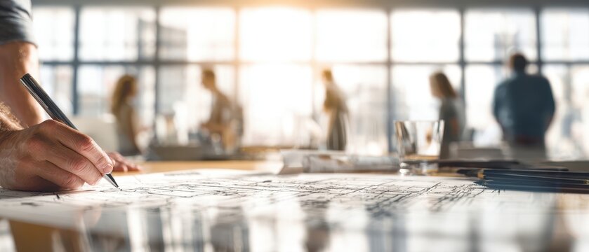 The architect drawing an office blueprint at a sunlit desk with team silhouettes