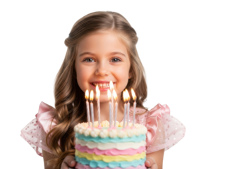 A joyful 7-year-old caucasian girl with blonde hair in a pink tulle dress holds a lit pastel birthday cake, smiling brightly against a transparent studio background. Birthday celebration atmosphere