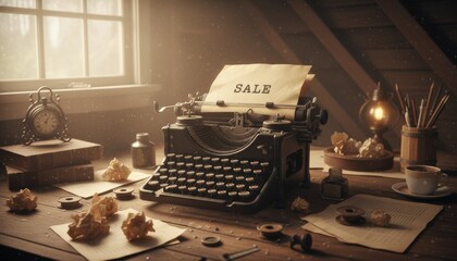 Vintage Typewriter with 'SALE' Message on Rustic Wooden Desk Workspace