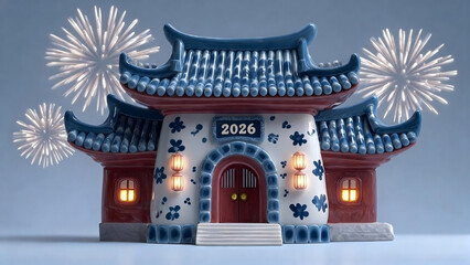 Fototapeta premium 青花瓷建筑与2026节庆图像