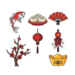 Colorful Chinese New Year Icons: Koi Fish, Lantern, Dumplings, and Firecrackers