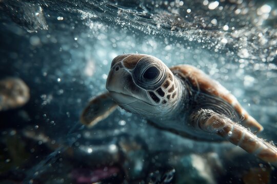 Dive into adventure with this captivating sea turtle gracefully swimming underwater, perfect for conservation efforts, ocean life education, or travel promotions