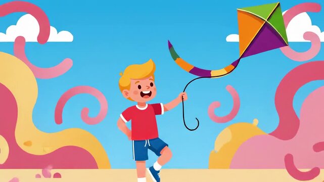 Joyful Boy Flies Colorful Kite Against Abstract Beautiful Background in Sunny Day
