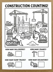 Construction counting worksheet for kids with various construction vehicles