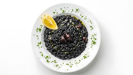 Black risotto with olives and lemon slice on white plate with parsley garnish squid ink risotto