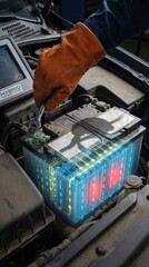 Car battery being worked on by a mechanic with a wrench and diagnostic tool