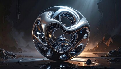 Futuristic chrome sphere artwork in a surreal landscape, digital abstract art