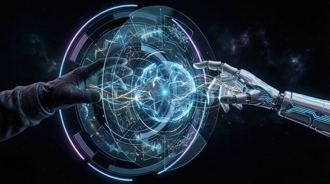 Human and robot hands reaching towards a glowing digital sphere in space - Powered by Adobe
