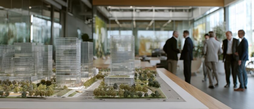 The architectural model of a modern urban development displayed in a design studio