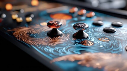 Close-up of an arcade game controller with joysticks and buttons, featuring an artistic design. The image is shot with a shallow depth of field, creating a dark