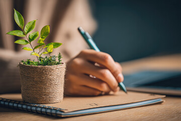 Circular economy business concept with small green plant in pot on notebook and person writing in background showing sustainable growth and eco friendly planning