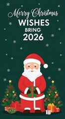 Christmas santa claus with gifts greeting card and holiday wishes concept