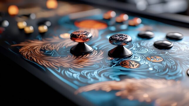 Close-up of an arcade game controller with joysticks and buttons, featuring an artistic design. The image is shot with a shallow depth of field, creating a dark - Powered by Adobe
