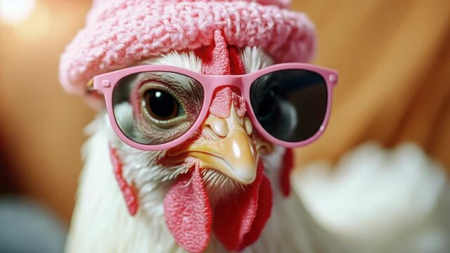 Video Close-up view of a chicken wearing sunglasses, a unique and quirky 