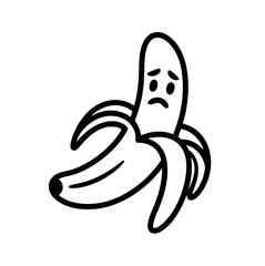 A sad, peeled banana with a worried expression depicted in a simple black and white line drawing.