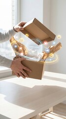 Unboxing a package with social media reactions and emojis