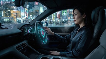 Woman driving futuristic car in a city at night with digital interface