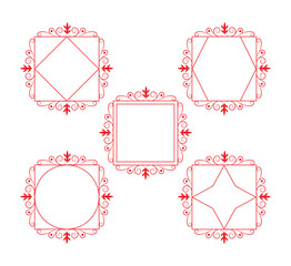 Red Ornate Vintage Frame Set: Circle, Square, Star, Hexagon, Diamond, Filigree Borders