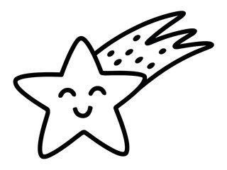 A cheerful, stylized shooting star with a smiley face streaks across the darkness, leaving a dotted trail of light in its wake.