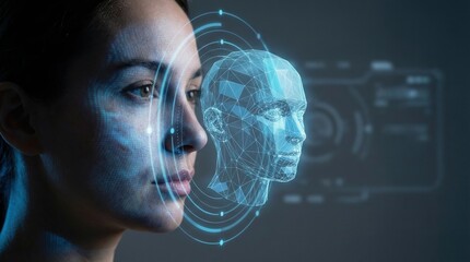 Facial recognition technology scanning a woman's face for identification and security