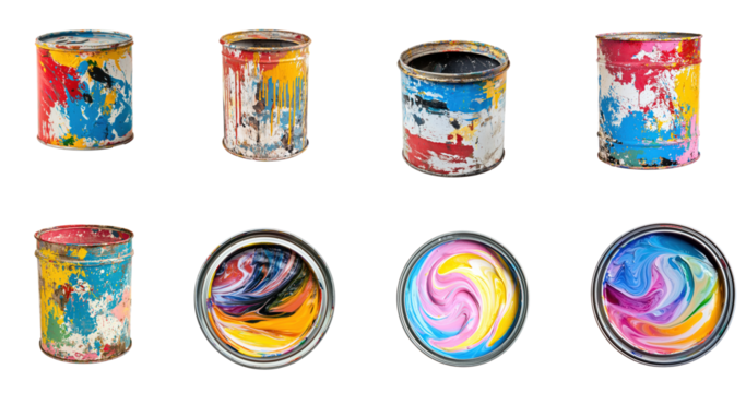 Collection of miniature paint can used for small art projects and DIY crafts. full length isolate on transparent background
