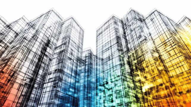 Abstract illustration of several tall buildings with colorful gradients and a sketch-like style. - Powered by Adobe