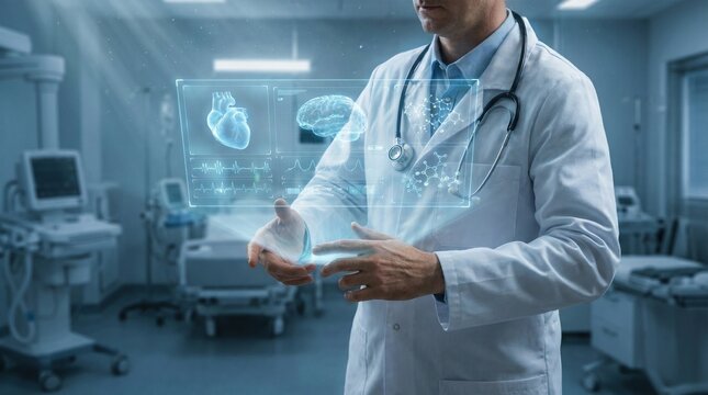 Doctor using futuristic medical interface with heart and brain visualizations