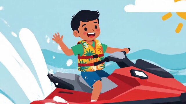 Joyful Boy Rides a Jet Ski on Sunny Day and Waving Hand Vector Illustration