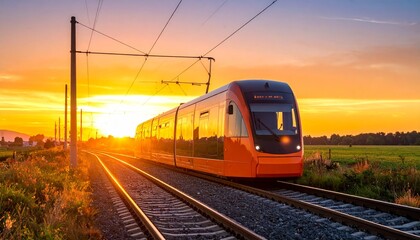 Fototapeta premium Modern Orange Tram on Railway Track During Sunset with Vibrant Sky and Scenic Landscape