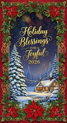 Christmas scene illustration with winter landscape and holiday greetings