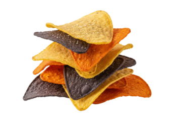 macro close-up, flat lay of a perfect stack of tri-color tortilla chips (yellow, blue, chili red) showing fine salt crystals and golden texture on a transparent background. concept for snack