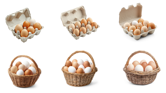Collection of egg carton, each egg nestled safely in its own little compartment. full length isolate on transparent background