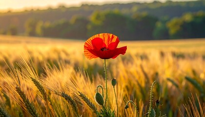 Red Poppy in Golden Wheat Field.