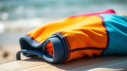 rashguard. A colorful rolled-up rashguard resting on a surfboard at the beach. event key visuals, club posters, designed for fitness apps and gym onboarding, drives event promotion.