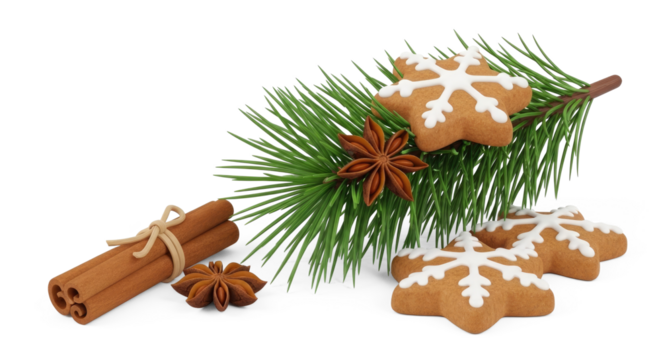 Christmas gingerbread cookies with pine needles and anise stars on a png transparent.