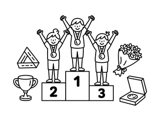 Three young athletes celebrate their victory on a podium, holding medals and surrounded by symbols of achievement like a trophy and a bouquet of flowers.